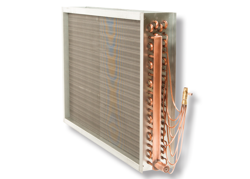 DX evaporator coil with refrigerant distributor and copper feeder tubes