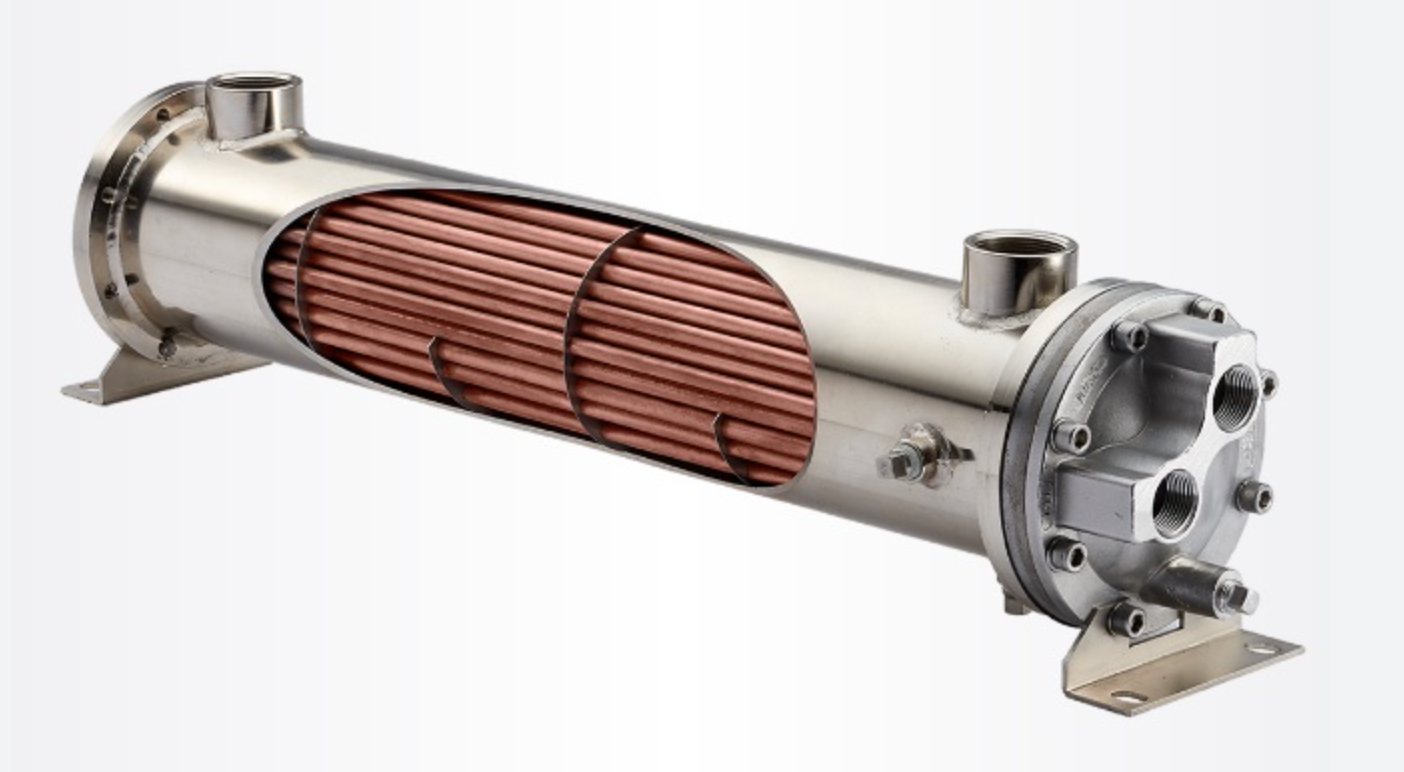 Shell and tube heat exchanger with copper tube bundle exposed